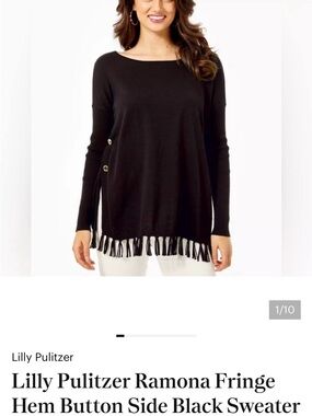 Lilly Pulitzer Black Fringe Hem Long-Sleeve Pullover side button Ramona